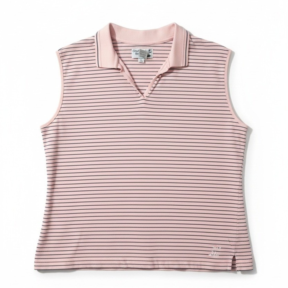 Coral Bay Golf Pink Striped Sleeveless Polo, Woman's XL Mercerized Cotton V-Neck